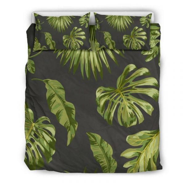 Dark Tropical Leaf Pattern Print Duvet Cover and Pillowcase Set Bedding Set